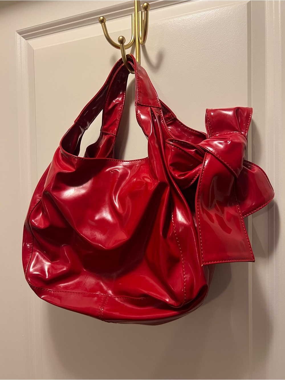 FAKE Valentino Red Patent Hobo Tote Bag with Decorative Bow